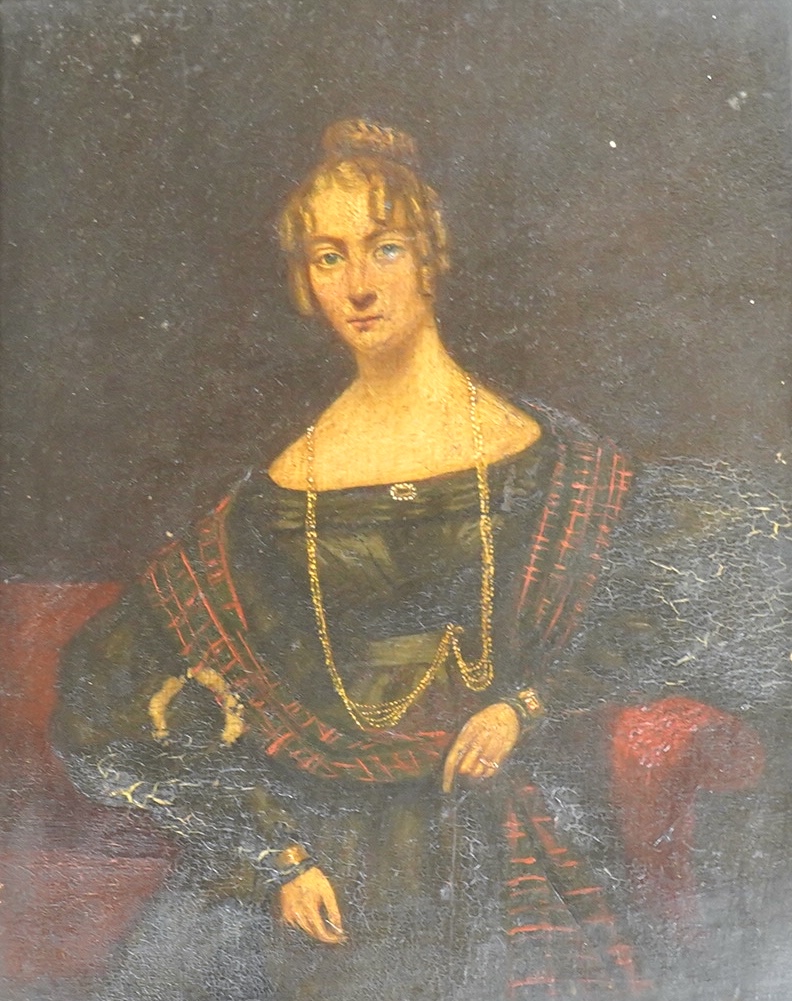 Early Victorian School, Portrait of a lady, possibly Mary McDonald, unsigned, details verso, oil on board, 27 x 21cm